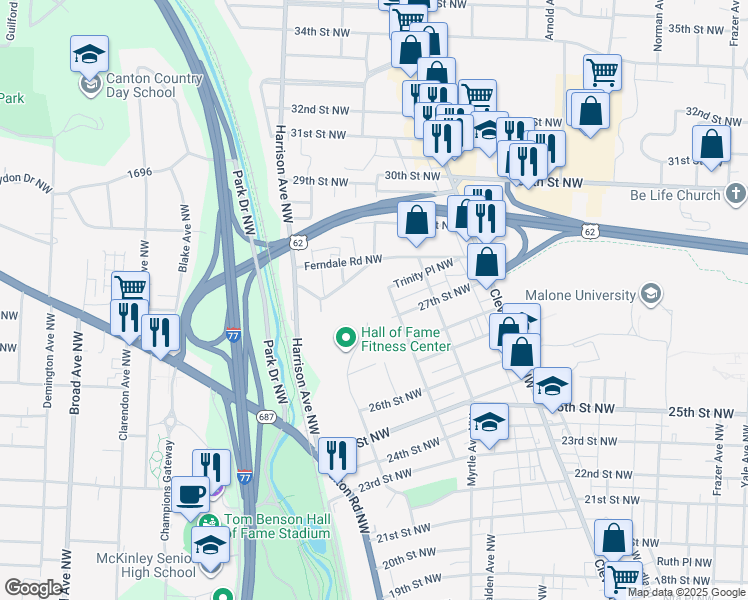map of restaurants, bars, coffee shops, grocery stores, and more near 1804 Trinity Place Northwest in Canton