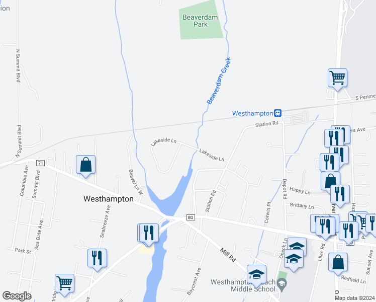 map of restaurants, bars, coffee shops, grocery stores, and more near 110 Lakeside Lane in Westhampton