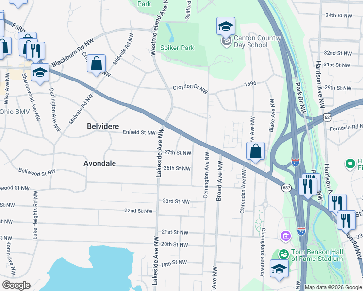 map of restaurants, bars, coffee shops, grocery stores, and more near 3004 27th Street Northwest in Canton