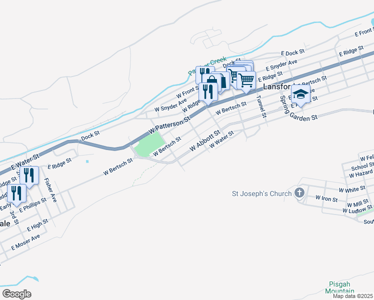 map of restaurants, bars, coffee shops, grocery stores, and more near 333 West Abbott Street in Lansford