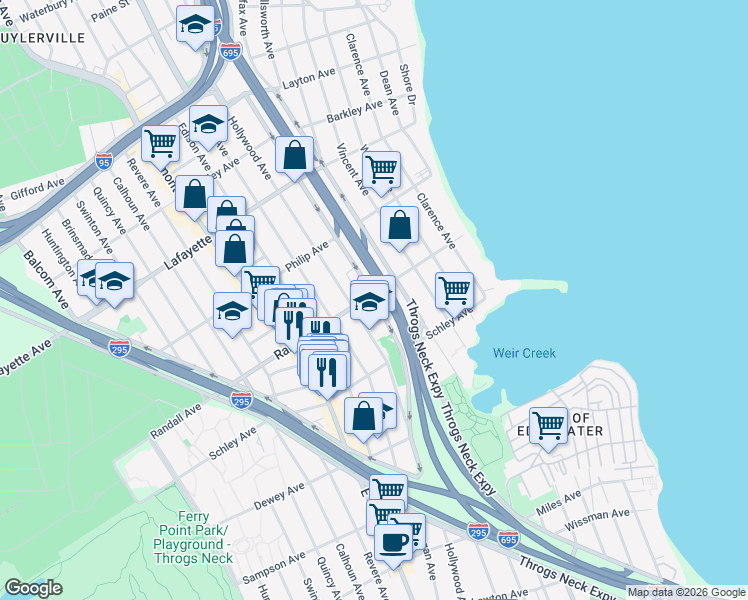 map of restaurants, bars, coffee shops, grocery stores, and more near 3090 Randall Avenue in Bronx