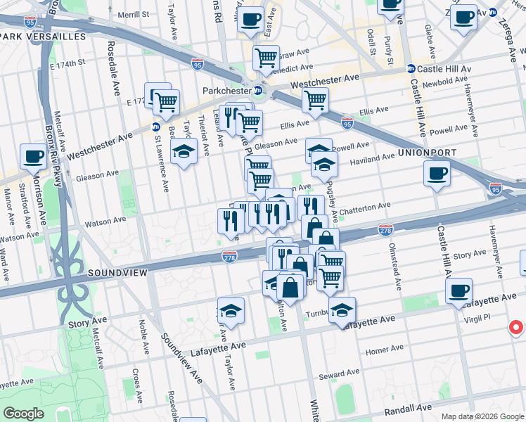 map of restaurants, bars, coffee shops, grocery stores, and more near 1045 White Plains Road in The Bronx
