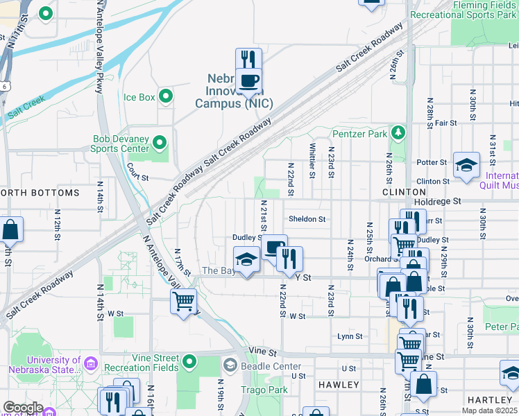 map of restaurants, bars, coffee shops, grocery stores, and more near 1427 North 21st Street in Lincoln