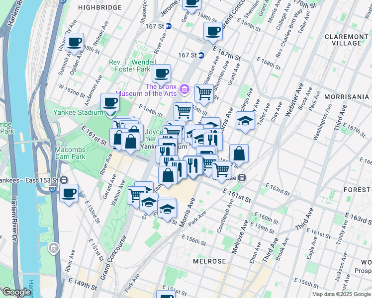 map of restaurants, bars, coffee shops, grocery stores, and more near 214 East 163rd Street in Bronx