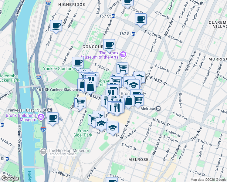map of restaurants, bars, coffee shops, grocery stores, and more near 185 East 162nd Street in Bronx