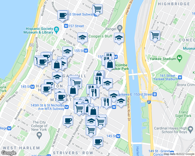 map of restaurants, bars, coffee shops, grocery stores, and more near West 152nd Street & Bradhurst Avenue in New York