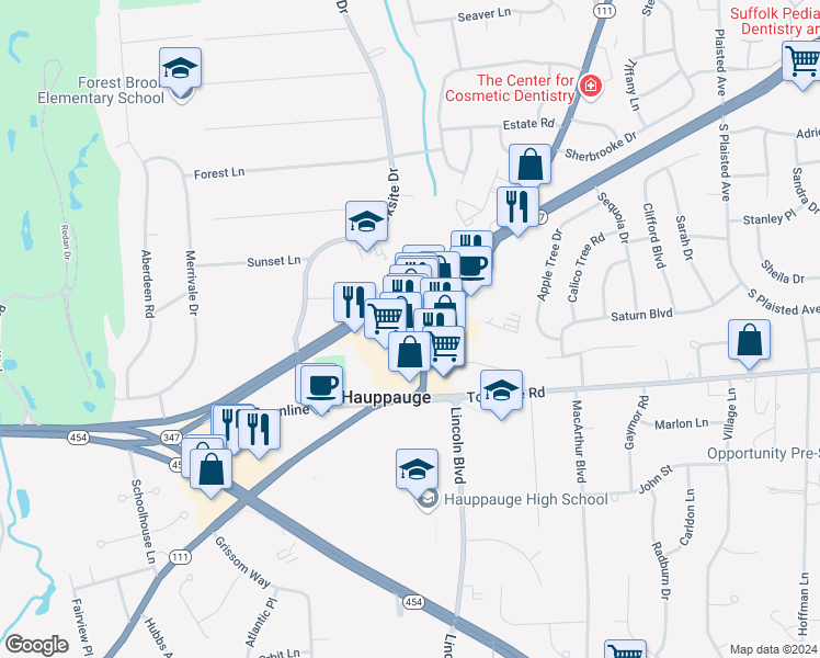 map of restaurants, bars, coffee shops, grocery stores, and more near 373 Nesconset Highway in Smithtown