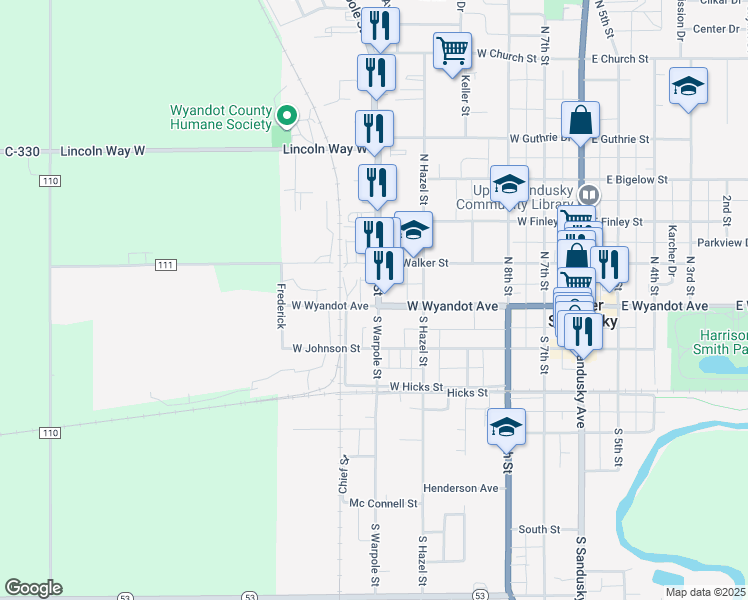 map of restaurants, bars, coffee shops, grocery stores, and more near 101-199 S Warpole St in Upper Sandusky