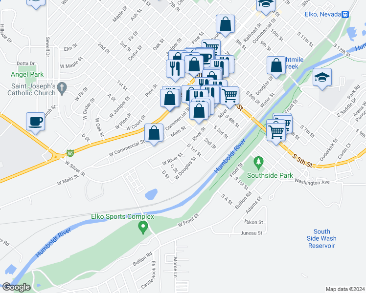 map of restaurants, bars, coffee shops, grocery stores, and more near 121 West River Street in Elko