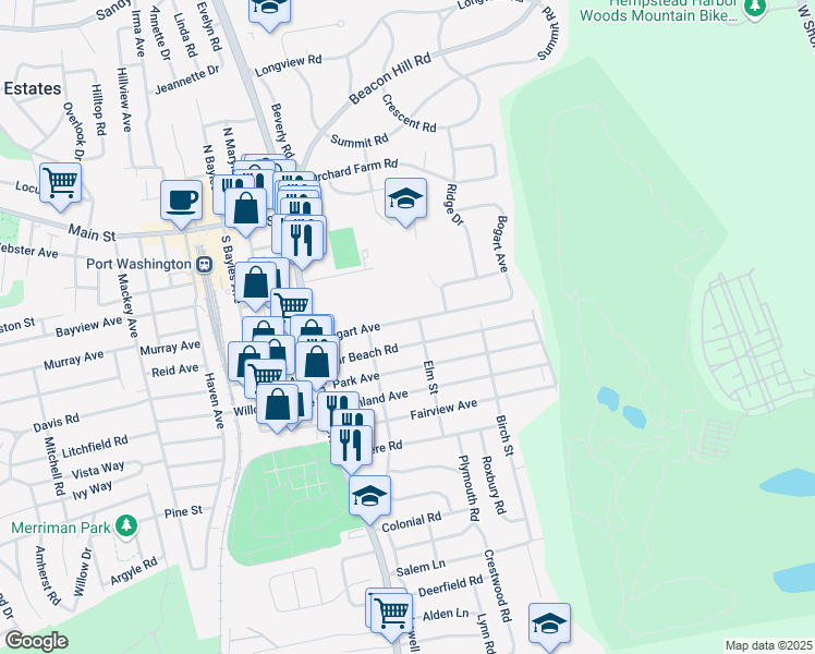 map of restaurants, bars, coffee shops, grocery stores, and more near 36 Bar Beach Road in Port Washington
