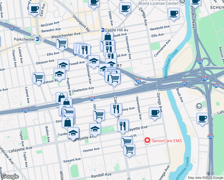 map of restaurants, bars, coffee shops, grocery stores, and more near 2152 Bruckner Boulevard in Bronx