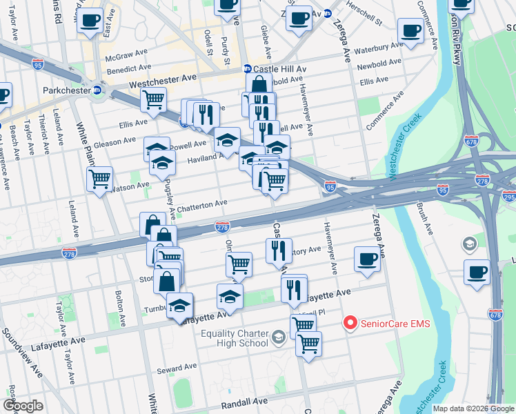 map of restaurants, bars, coffee shops, grocery stores, and more near 2152 Bruckner Boulevard in The Bronx