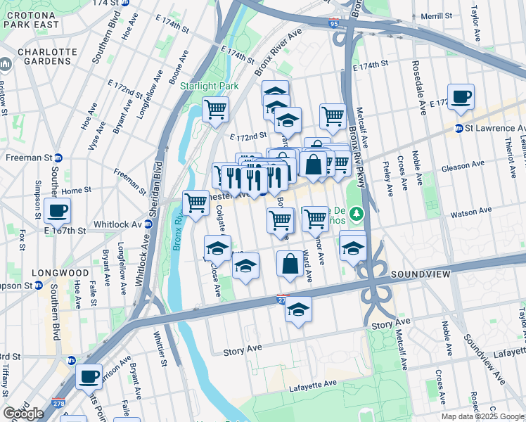 map of restaurants, bars, coffee shops, grocery stores, and more near 1136 Wheeler Avenue in The Bronx
