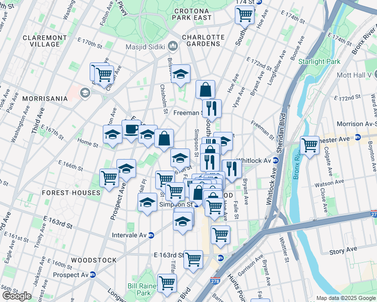 map of restaurants, bars, coffee shops, grocery stores, and more near 1124 Simpson Street in The Bronx