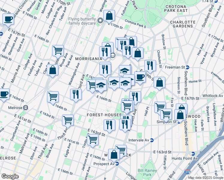 map of restaurants, bars, coffee shops, grocery stores, and more near 1106 Forest Avenue in Bronx