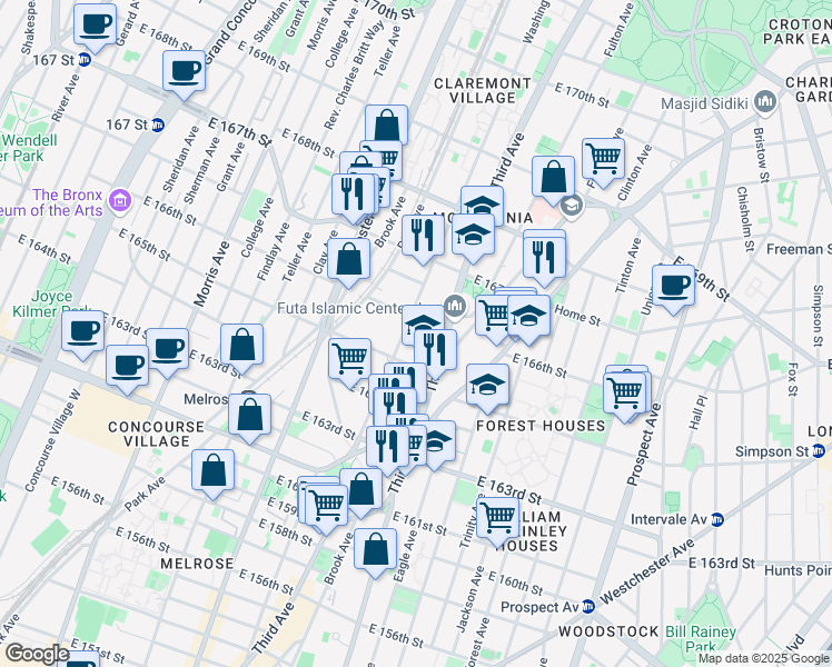 map of restaurants, bars, coffee shops, grocery stores, and more near 503 East 165th Street in Bronx