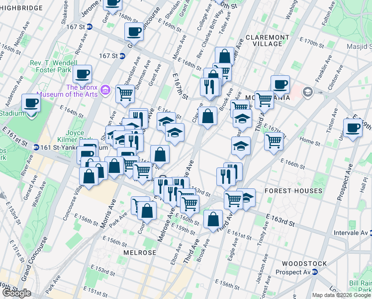 map of restaurants, bars, coffee shops, grocery stores, and more near 995 Brook Avenue in Bronx