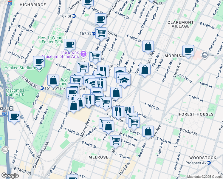 map of restaurants, bars, coffee shops, grocery stores, and more near 963 Teller Avenue in The Bronx