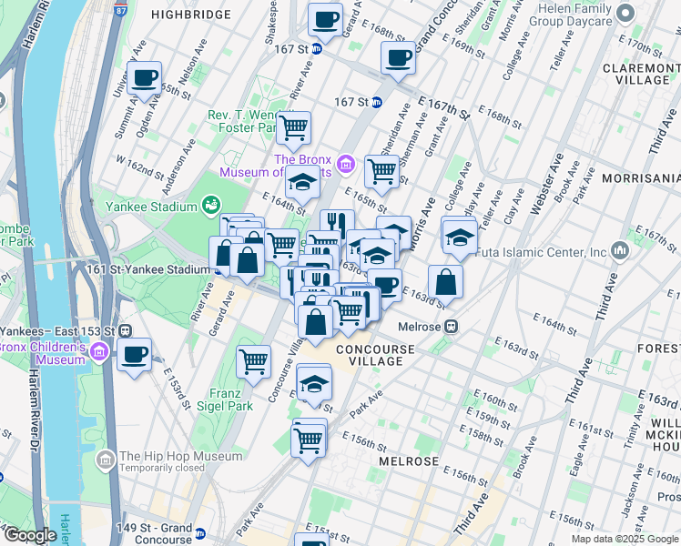 map of restaurants, bars, coffee shops, grocery stores, and more near in The Bronx