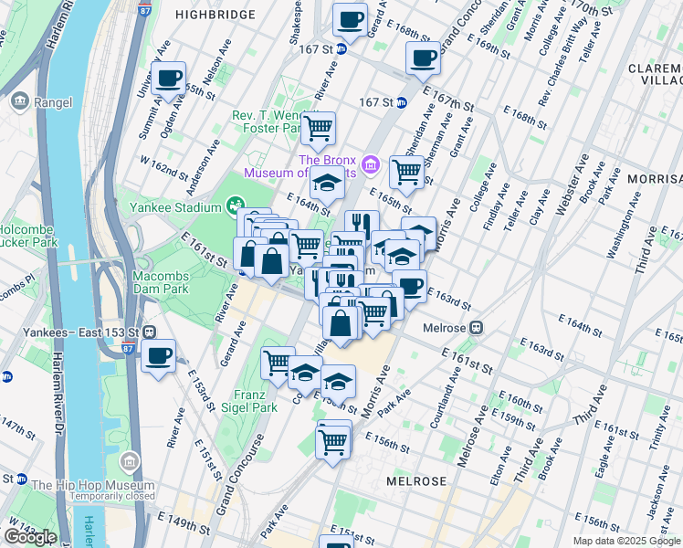 map of restaurants, bars, coffee shops, grocery stores, and more near 177 East 161st Street in The Bronx