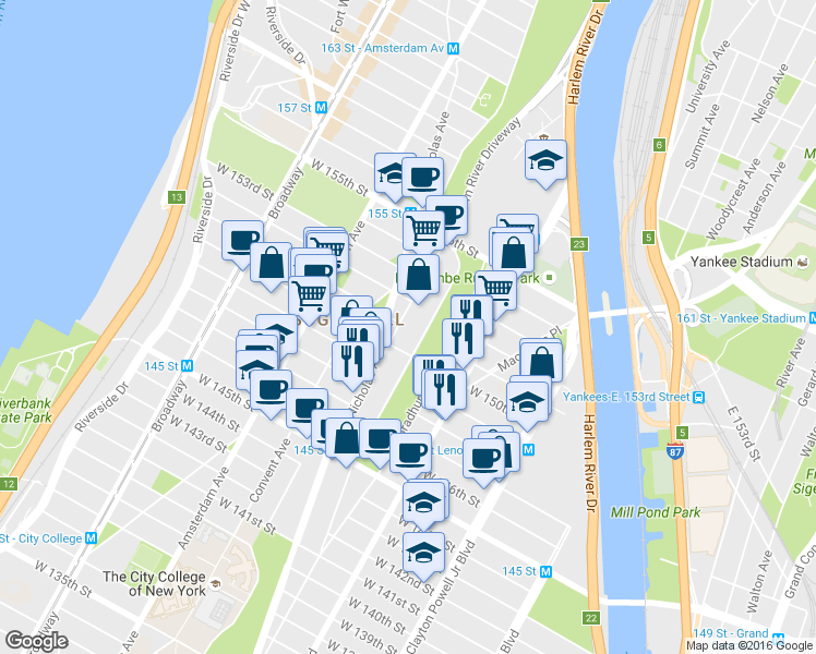 map of restaurants, bars, coffee shops, grocery stores, and more near West 151st Street in New York