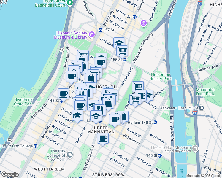 map of restaurants, bars, coffee shops, grocery stores, and more near 416 West 149th Street in New York