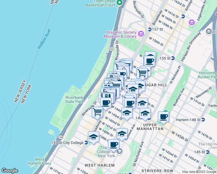 map of restaurants, bars, coffee shops, grocery stores, and more near 625 West 145th Street in New York
