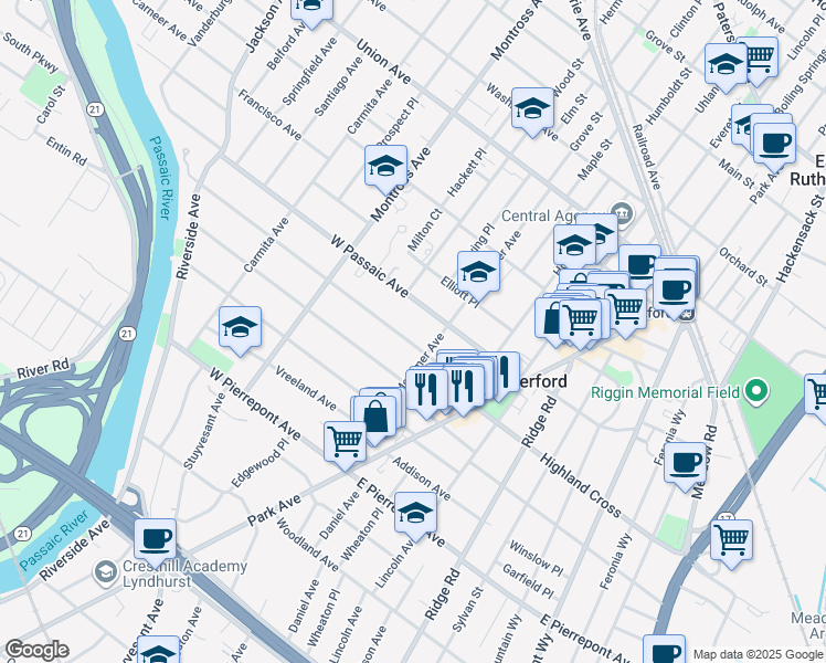 map of restaurants, bars, coffee shops, grocery stores, and more near 79 Donaldson Avenue in Rutherford