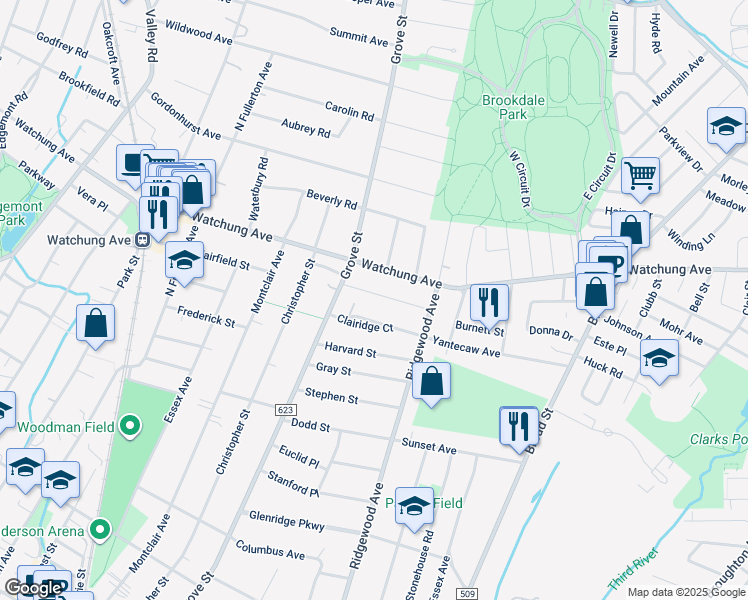 map of restaurants, bars, coffee shops, grocery stores, and more near 11 Clairidge Court in Montclair
