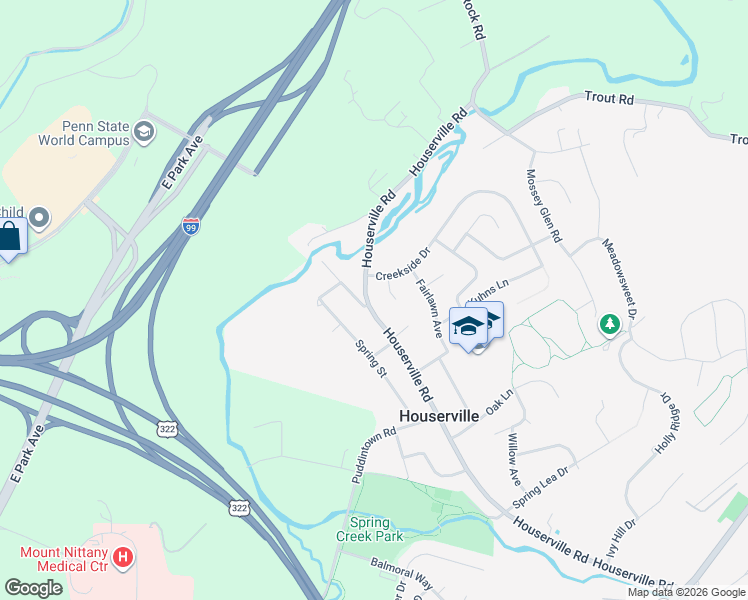 map of restaurants, bars, coffee shops, grocery stores, and more near 1423 Houserville Road in State College