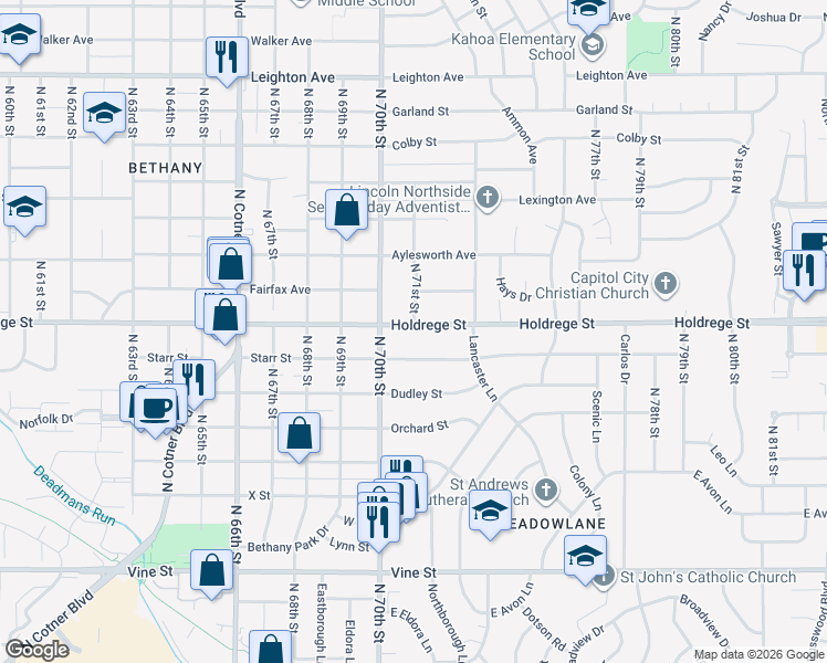 map of restaurants, bars, coffee shops, grocery stores, and more near 7030 Starr Street in Lincoln
