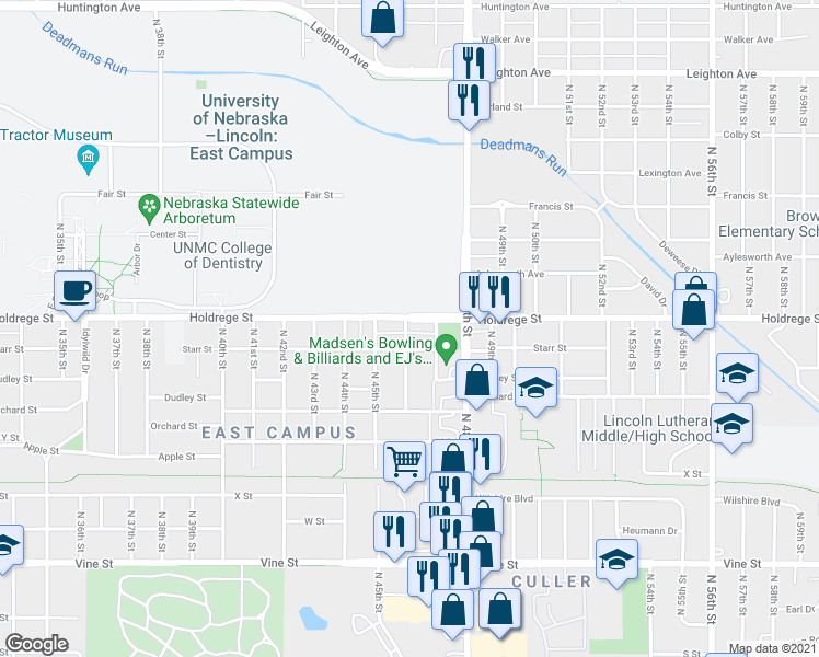 map of restaurants, bars, coffee shops, grocery stores, and more near 4630 Starr Street in Lincoln