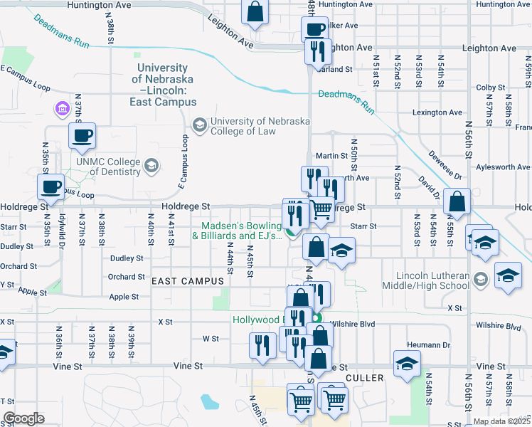 map of restaurants, bars, coffee shops, grocery stores, and more near 1340 North 45th Street in Lincoln