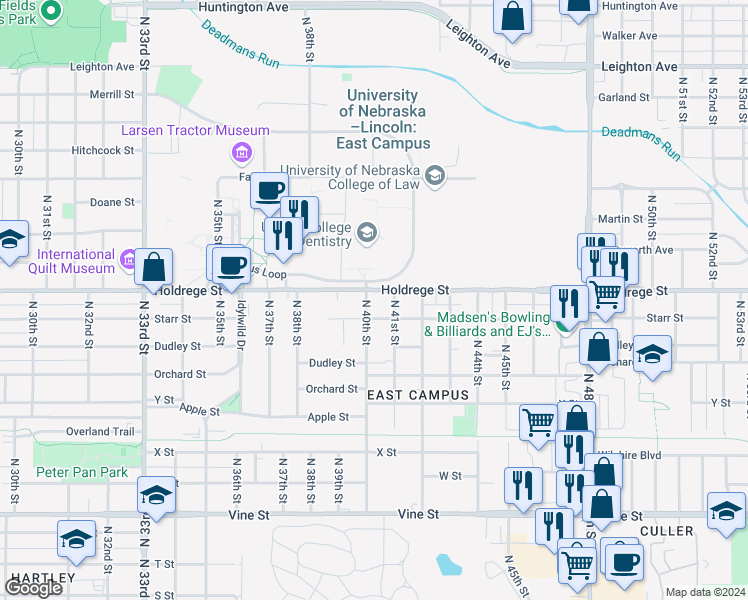 map of restaurants, bars, coffee shops, grocery stores, and more near 1336 North 40th Street in Lincoln