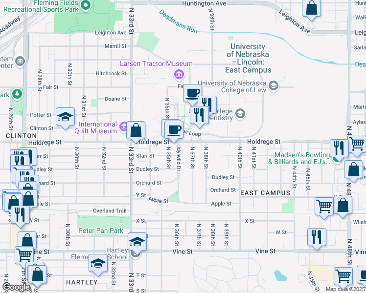 map of restaurants, bars, coffee shops, grocery stores, and more near 1339 Idylwild Drive in Lincoln