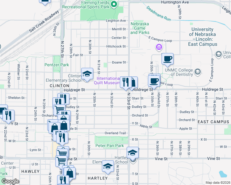 map of restaurants, bars, coffee shops, grocery stores, and more near 3205 Starr Street in Lincoln