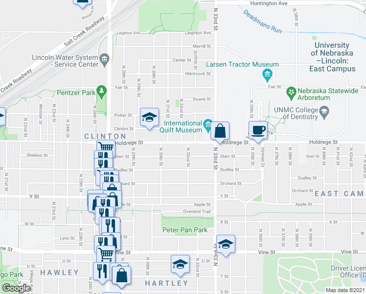 map of restaurants, bars, coffee shops, grocery stores, and more near 3205 Starr Street in Lincoln