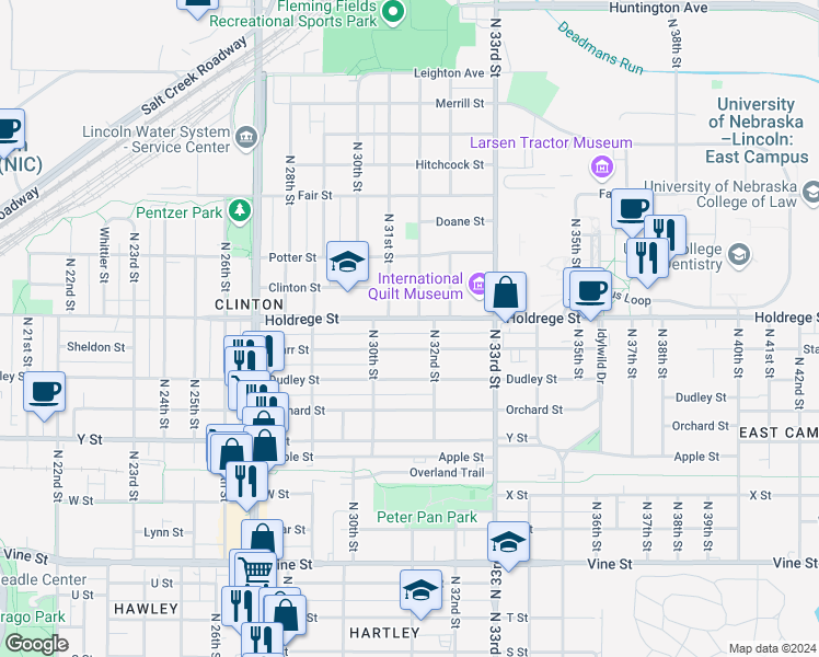 map of restaurants, bars, coffee shops, grocery stores, and more near 3045 Starr Street in Lincoln