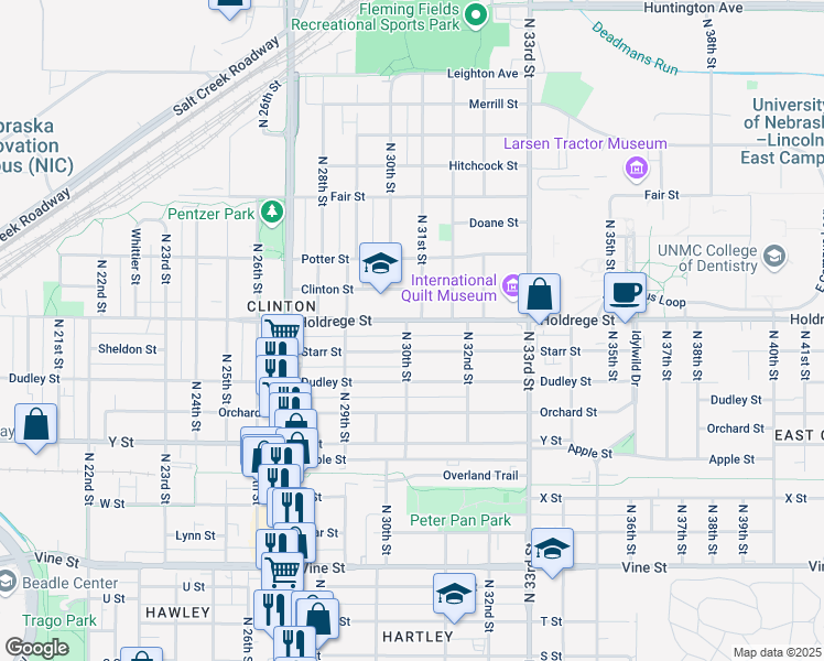 map of restaurants, bars, coffee shops, grocery stores, and more near 1335 North 30th Street in Lincoln