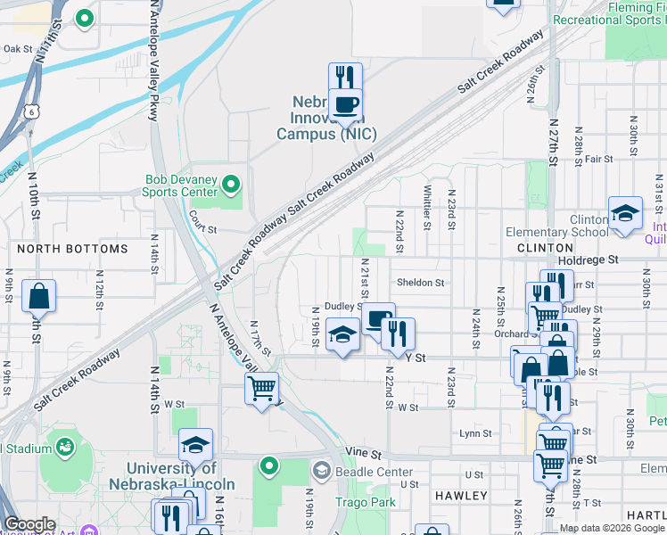map of restaurants, bars, coffee shops, grocery stores, and more near 1335 North 20th Street in Lincoln