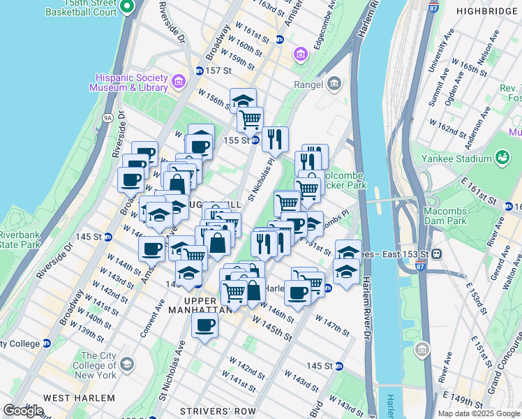 map of restaurants, bars, coffee shops, grocery stores, and more near 367 Edgecombe Avenue in New York