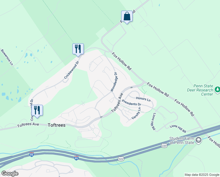 map of restaurants, bars, coffee shops, grocery stores, and more near 1771 Woodledge Drive in State College
