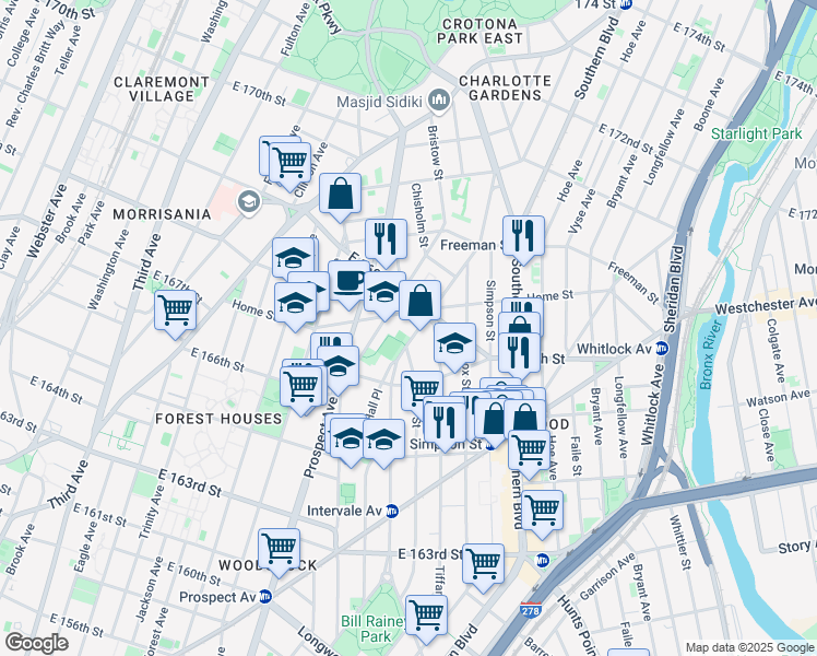 map of restaurants, bars, coffee shops, grocery stores, and more near 1153 Intervale Avenue in Bronx