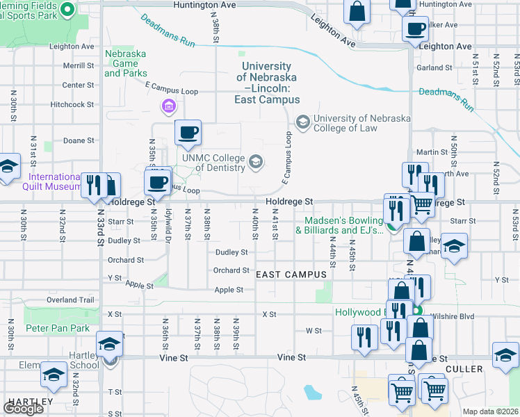map of restaurants, bars, coffee shops, grocery stores, and more near 1336 North 40th Street in Lincoln