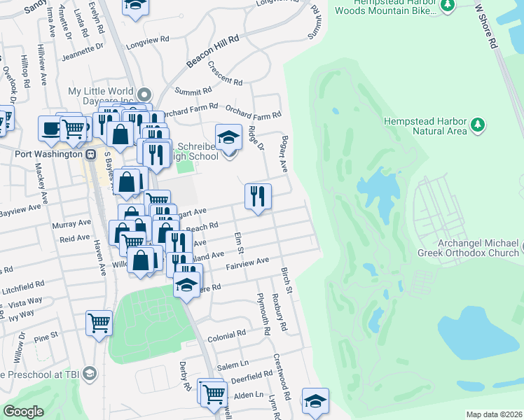 map of restaurants, bars, coffee shops, grocery stores, and more near 71 Park Avenue in Port Washington