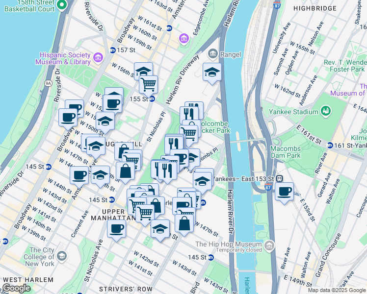 map of restaurants, bars, coffee shops, grocery stores, and more near 2854 Frederick Douglass Boulevard in New York