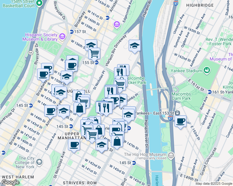 map of restaurants, bars, coffee shops, grocery stores, and more near 2854 Frederick Douglass Boulevard in New York