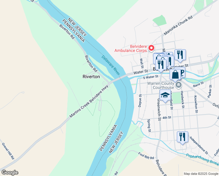 map of restaurants, bars, coffee shops, grocery stores, and more near 7767 Martins Creek Belvidere Highway in Bangor