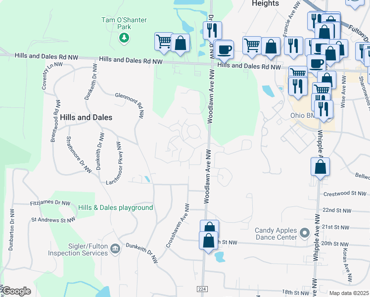 map of restaurants, bars, coffee shops, grocery stores, and more near 2691 Beau Court Northwest in Canton