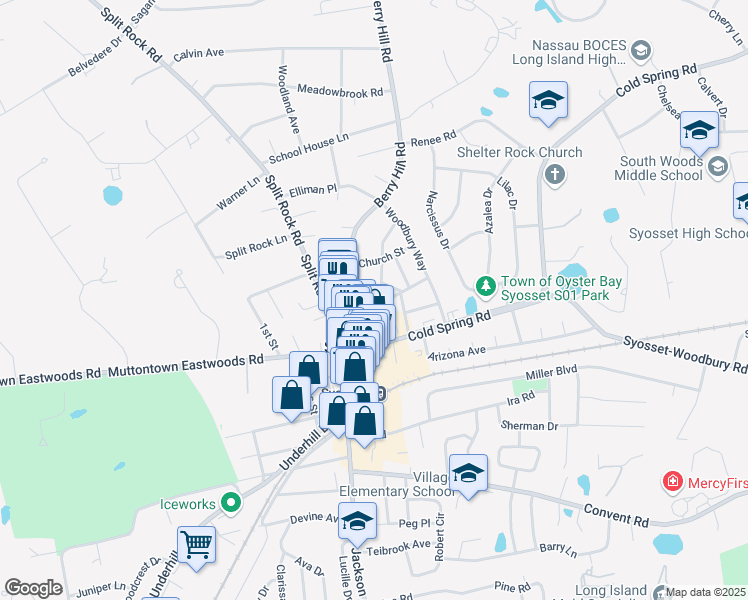 map of restaurants, bars, coffee shops, grocery stores, and more near 18 East Street in Syosset